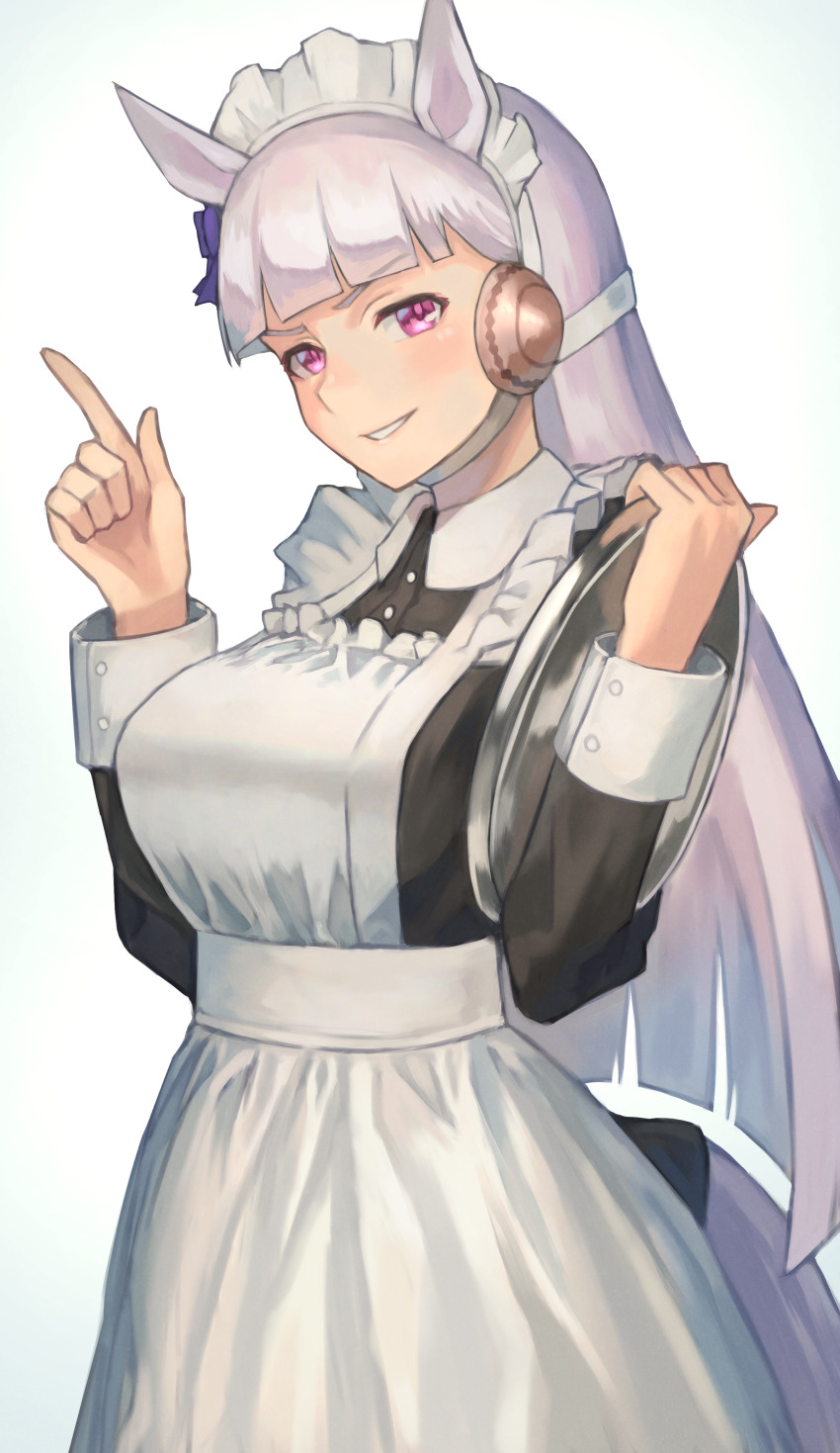 1girl, :d, absurdres, alternate_costume, apron, black_dress, bow, breasts