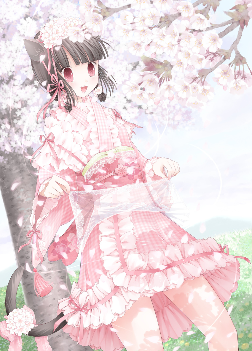 1girl, animal_ears, black_hair, brown_hair, cat_ears, cat_tail, cherry_blossoms, female_focus