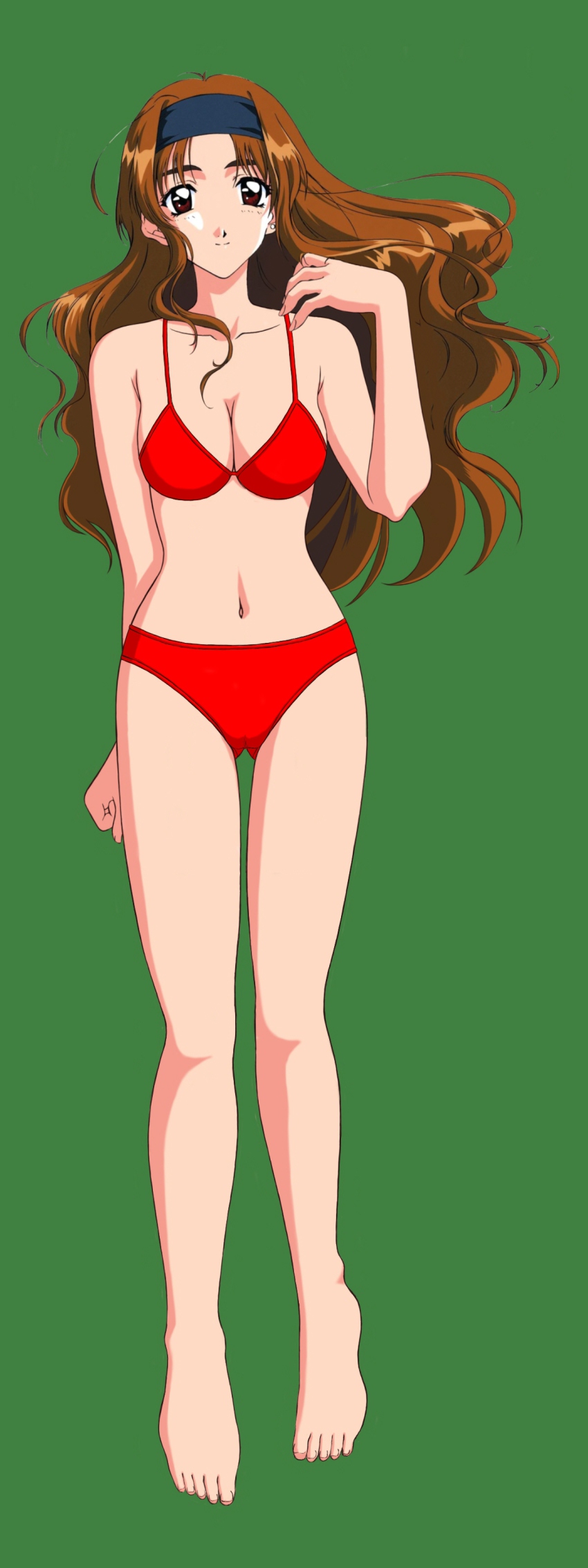 1990s_(style), 1girl, absurdres, barefoot, bikini, breasts, brown_eyes, brown_hair