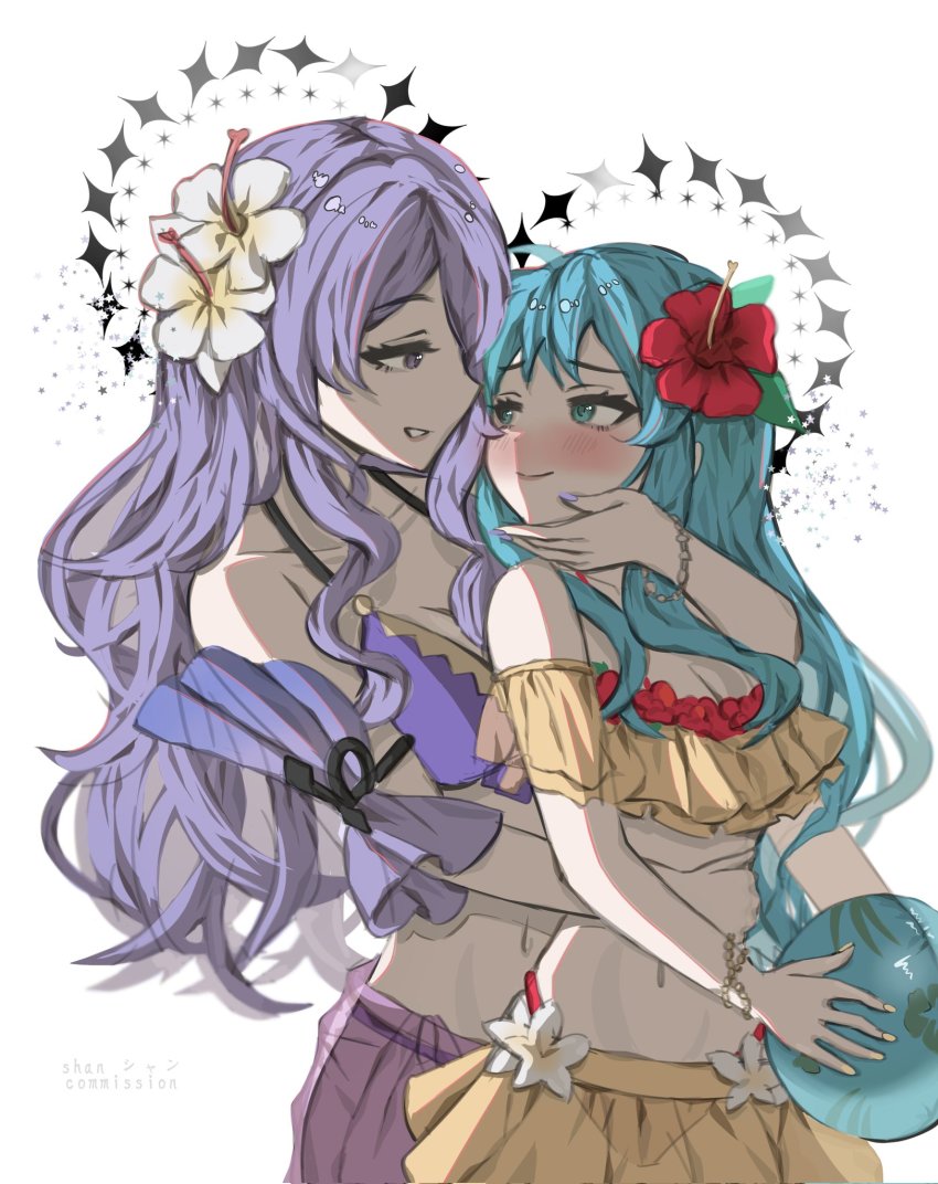 2girls, ball, bare_shoulders, beachball, bikini, blue_eyes, blue_hair, blush, bracelet, breasts, camilla_(fire_emblem), camilla_(tropical_beauty)_(fire_emblem), cleavage, eirika_(fire_emblem), eirika_(summer)_(fire_emblem), fire_emblem, fire_emblem:_the_sacred_stones, fire_emblem_fates, fire_emblem_heroes, flower, hair_flower, hair_ornament, hair_over_one_eye, highres, holding, holding_ball, holding_beachball, hug, hug_from_behind, jewelry, layered_clothes, long_hair, looking_at_another, multicolored_bikini, multiple_girls, nail_polish, navel, nintendo, off-shoulder_bikini, off_shoulder, official_alternate_costume, purple_bikini, purple_eyes, purple_hair, purple_nails, red_bikini, red_flower, see-through_clothes, shan0732, smile, swimsuit, two-tone_bikini, white_flower, yellow_bikini, yuri