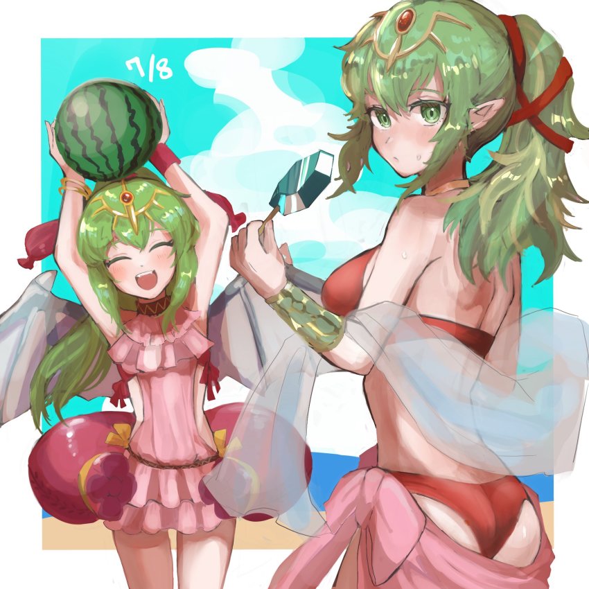2girls, bikini, closed_eyes, closed_mouth, dragon_wings, dragonstone, dual_persona, fire_emblem, fire_emblem:_mystery_of_the_emblem, fire_emblem_awakening, fire_emblem_heroes, food, fruit, green_eyes, green_hair, hair_ornament, highres, leon0630claude, long_hair, looking_at_viewer, multiple_girls, nintendo, official_alternate_costume, one-piece_swimsuit, open_mouth, pink_one-piece_swimsuit, pointy_ears, ponytail, red_bikini, swimsuit, teeth, tiki_(adult)_(fire_emblem), tiki_(adult)_(summering_scion)_(fire_emblem), tiki_(fire_emblem), tiki_(young)_(beachside_scion)_(fire_emblem), tiki_(young)_(fire_emblem), upper_teeth_only, veil, watermelon, wings