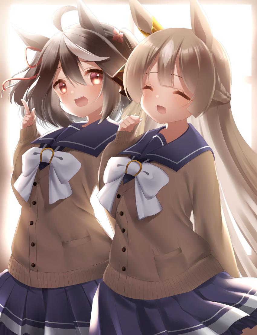 2girls, :d, ^_^, absurdres, animal_ears, bow, bowtie, braid