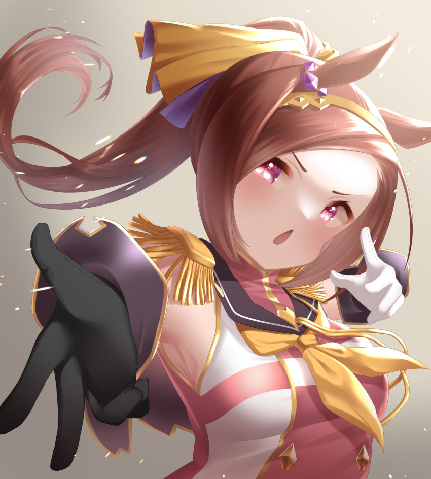 1girl, animal_ears, asymmetrical_gloves, black_gloves, brown_hair, epaulettes, flower_in_eye, gloves