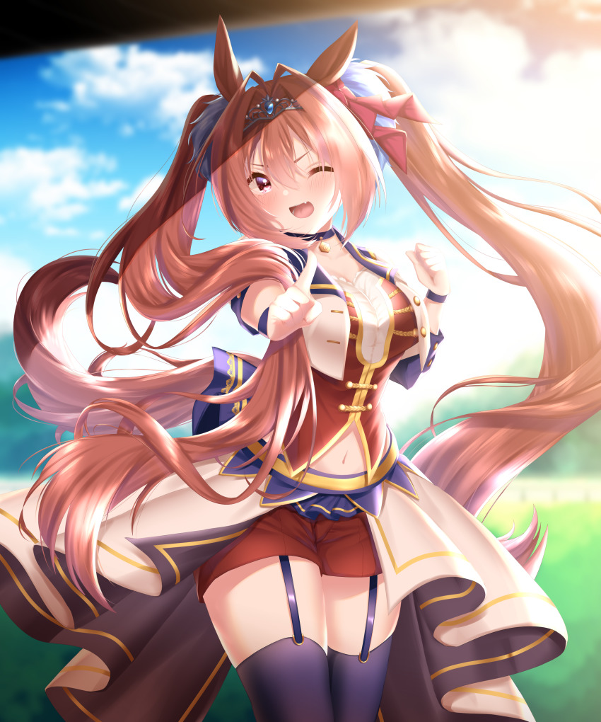 1girl, ;d, absurdres, animal_ears, antenna_hair, breasts, brown_eyes, brown_hair