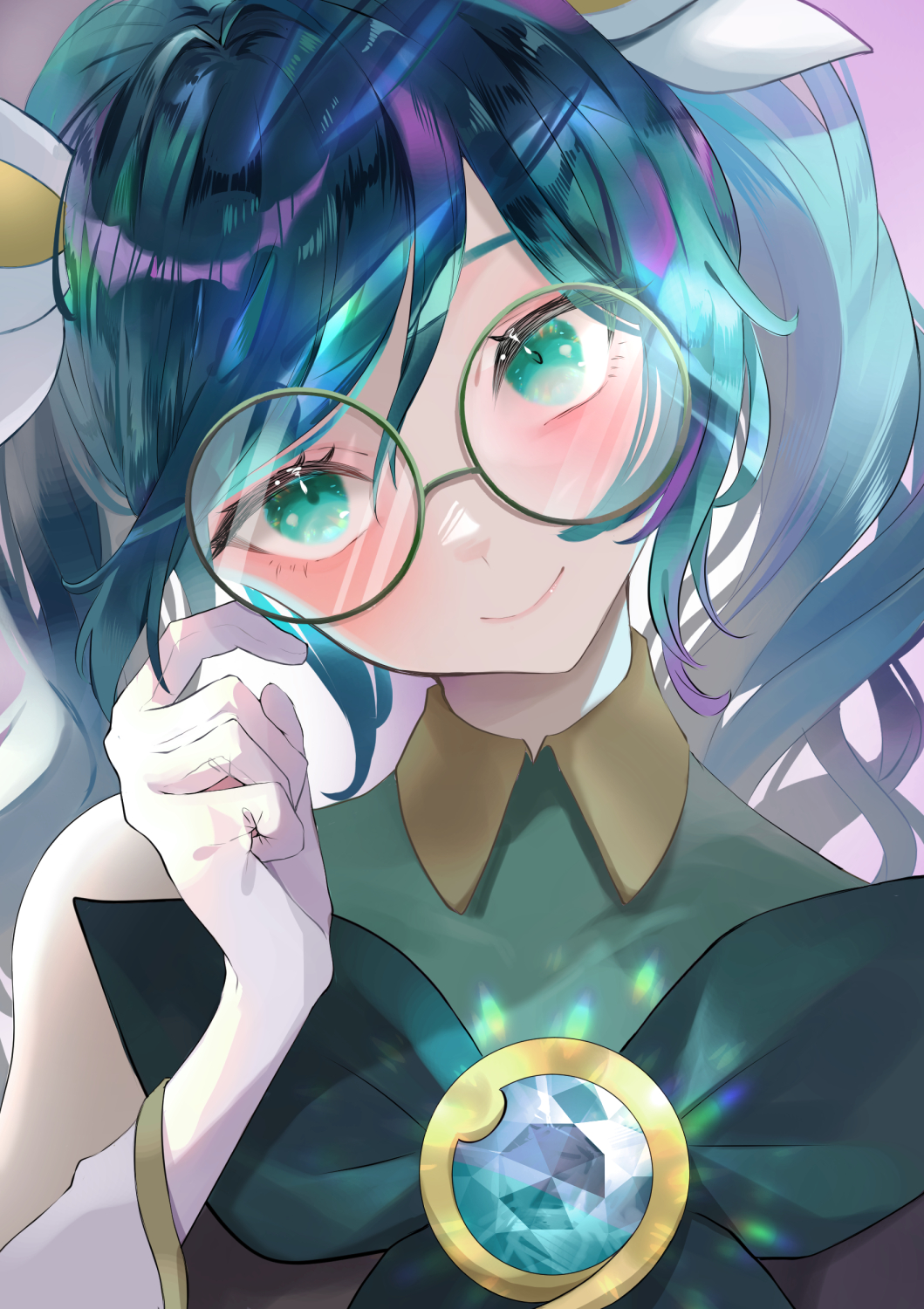 1girl, alternate_hair_color, blush, detached_sleeves, glasses, green_hair, highres, league_of_legends