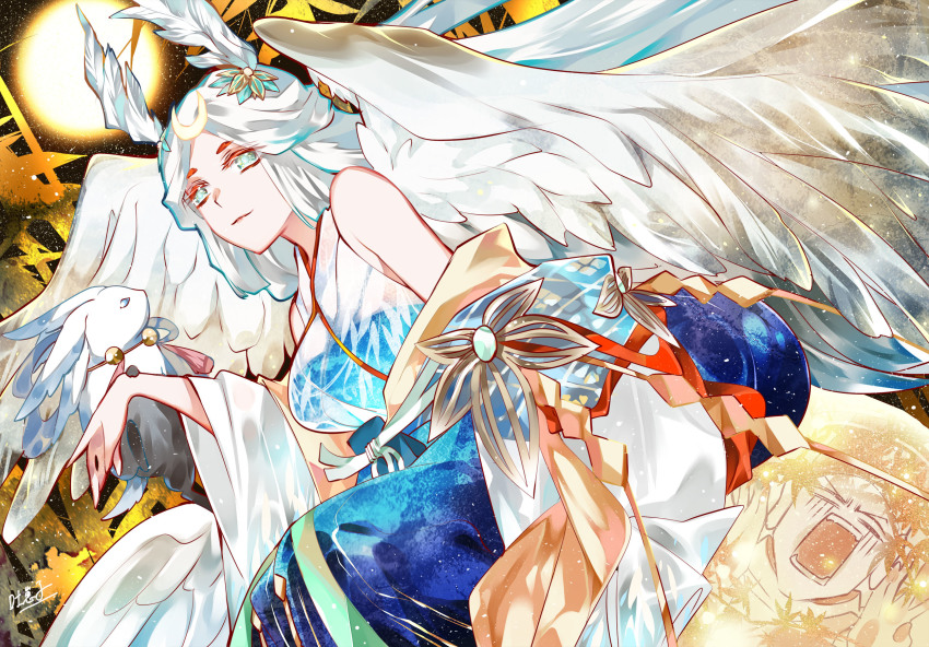 1girl, angel_wings, bare_shoulders, feather_hair_ornament, feathers, film_grain, hair_ornament, highres