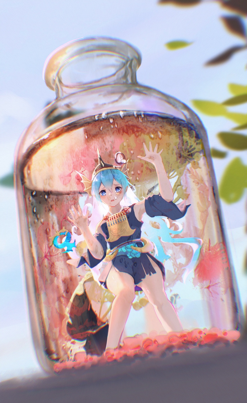 1girl, absurdres, air_bubble, barefoot, blue_eyes, blue_hair, blurry, bottle, bubble, depth_of_field, fins, glass, head_fins, highres, in_bottle, in_container, kingyo_hime_(onmyoji), long_hair, looking_at_viewer, mini_person, minigirl, onmyoji, open_mouth, reikai_kingyo_hime, solo, submerged, trapped, underwater, water