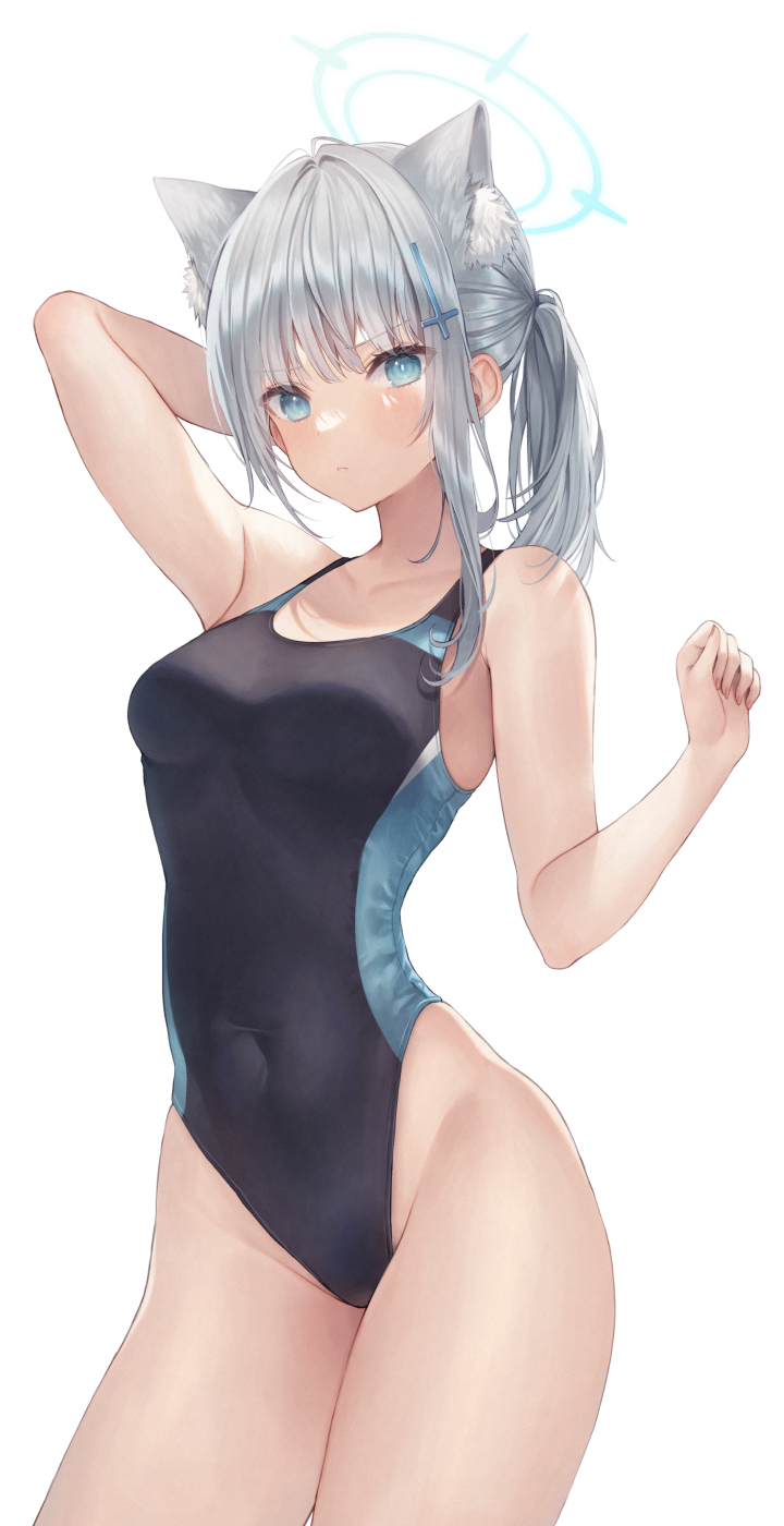 1girl, animal_ear_fluff, animal_ears, arm_behind_head, arm_up, armpit_crease, bare_arms, black_one-piece_swimsuit