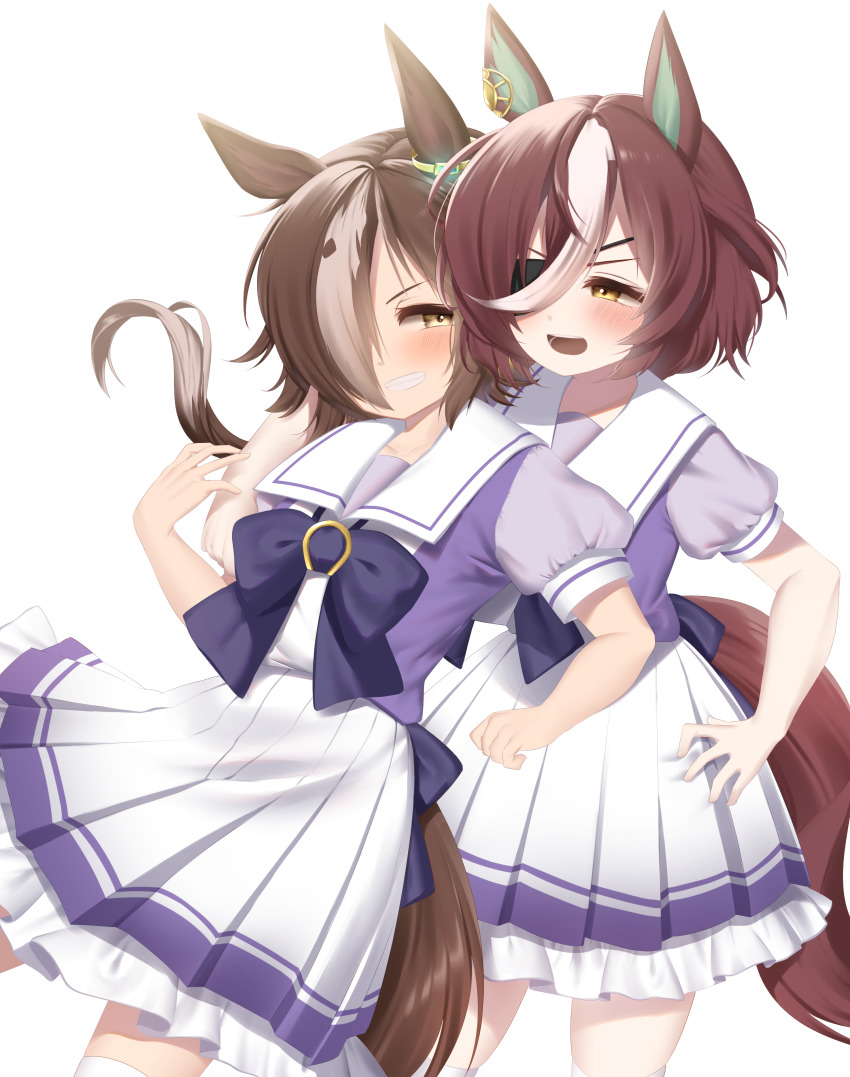 2girls, :d, absurdres, animal_ears, blush, bow, bowtie, brown_eyes