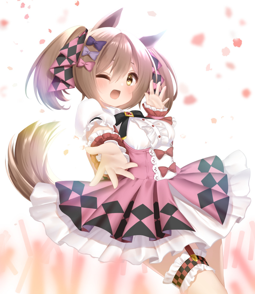 1girl, ;d, animal_ears, black_bow, black_bowtie, bow, bowtie, brown_eyes