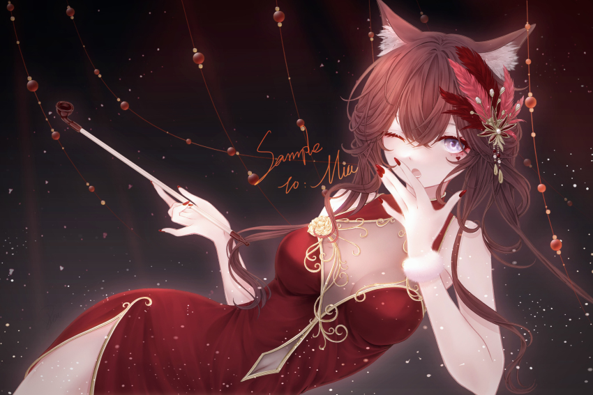 1girl, blinking, bow, breasts, cat_girl, china_dress, chinese_clothes, dress