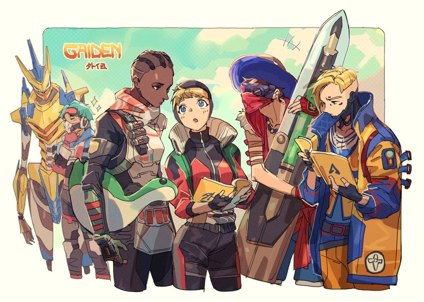 2girls, 4boys, animification, apex_commander_bangalore, apex_legends, bangalore_(apex_legends), black_jacket, blonde_hair, blue_hair, book, brown_eyes, butterfly_knife_(apex_legends), collarbone, cornrows, crypto_(apex_legends), dark-skinned_female, dark_skin, goggles, goggles_on_head, green_vest, highres, holding, holding_book, humanoid_robot, jacket, lightning_spirit_wattson, looking_down, looking_up, marked_man_mirage, mask, mirage_(apex_legends), mouth_mask, multiple_boys, multiple_girls, nessie_(respawn), octane_(apex_legends), official_alternate_costume, orange_jacket, red_eyes, red_vest, revelations_revenant, revenant_(apex_legends), robot, sea_legs_octane, simulacrum_(titanfall), sparkle, thundergotch, vest, wattson_(apex_legends)