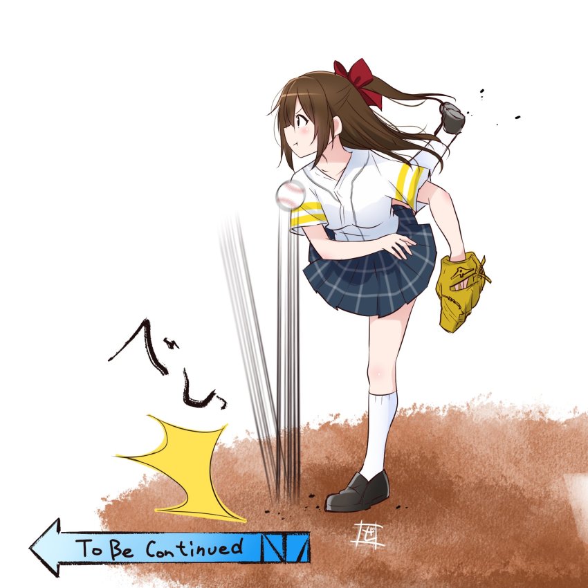 1girl, baseball, baseball_glove, baseball_jersey, black_shoes, black_skirt, brown_hair, commentary