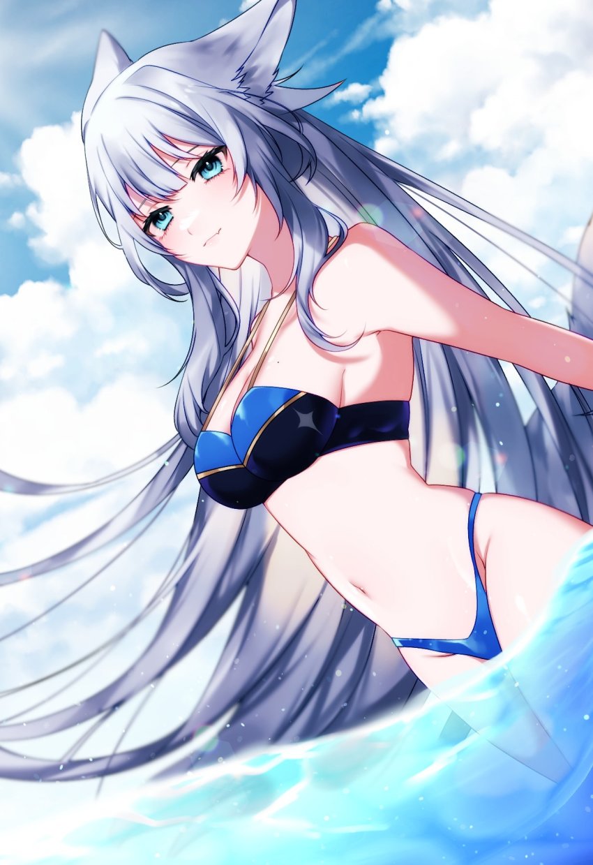 1girl, animal_ears, bad_id, bad_twitter_id, bare_arms, bare_shoulders, bikini, blue_bikini, blue_eyes, breasts, cleavage, closed_mouth, commission, day, fox_ears, fox_girl, fox_tail, grey_hair, highleg, highleg_bikini, highres, hk45_x, indie_virtual_youtuber, ismiyu, long_hair, looking_at_viewer, medium_breasts, mole, mole_on_breast, navel, outdoors, sakae_izumi, skeb_commission, smile, solo, standing, stomach, strap_gap, string_bikini, swimsuit, tail, very_long_hair, virtual_youtuber, wading, water
