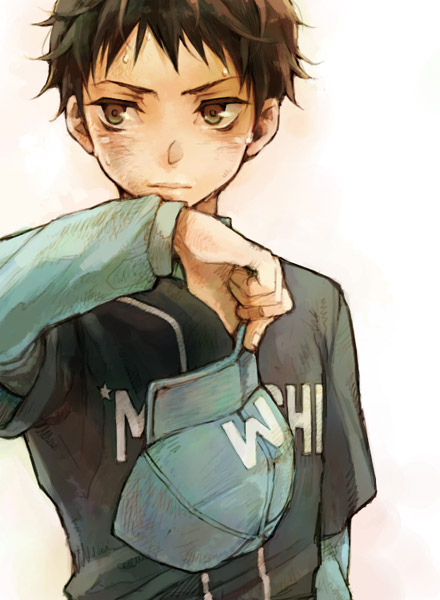 1boy, baseball_cap, brown_eyes, brown_hair, dirty, dirty_face, hat, holding, holding_unworn_clothes, holding_unworn_hat, kanou_shuugo, long_sleeves, male_focus, miyuki_ruria, ookiku_furikabutte, ruria, short_hair, simple_background, solo, sweat, unworn_hat, unworn_headwear