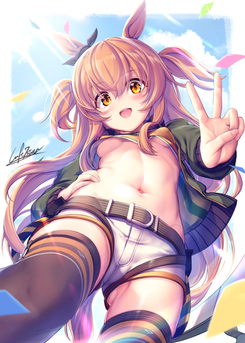 1girl, :d, animal_ears, belt, blue_sky, blush, bomber_jacket, bow