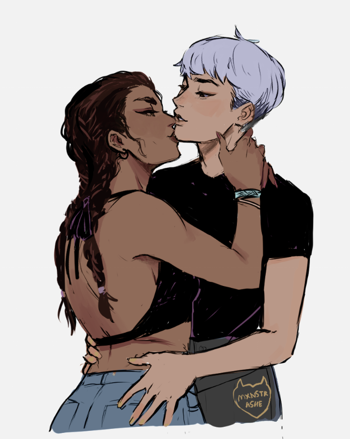 2girls, apex_legends, bikini, bikini_top_only, black_bikini, black_hair, black_shirt, bracelet, braid, chin_kiss, dark-skinned_female, dark_skin, denim, eyeshadow, grey_hair, hair_behind_ear, hands_on_another's_waist, jeans, jewelry, loba_(apex_legends), makeup, malevolent_lxix, multiple_girls, pants, red_eyeshadow, shirt, short_hair, swimsuit, twin_braids, valkyrie_(apex_legends), yuri