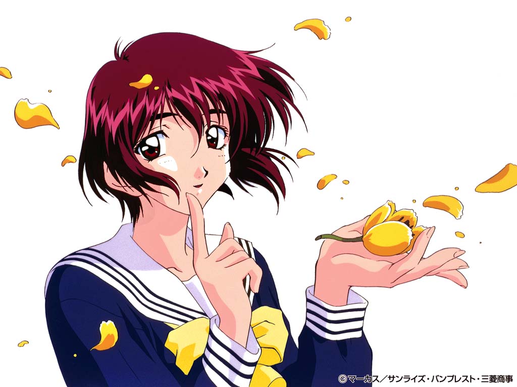 1990s_(style), 1girl, copyright_notice, female_focus, long_sleeves, looking_at_viewer, nanase_yuu, retro_artstyle