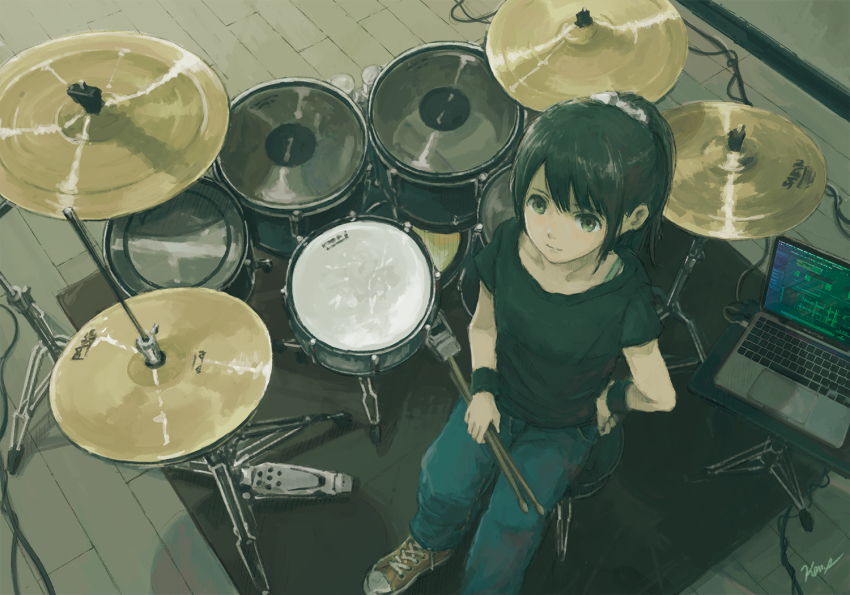 1girl, bass_drum, black_hair, black_shirt, blue_pants, collarbone, computer, converse, cymbals, drum, drum_set, drumsticks, from_above, green_eyes, hi-hat, holding, holding_drumsticks, instrument, kensight328, laptop, looking_at_viewer, looking_up, orange_shoes, original, pants, ponytail, shirt, shoes, sitting, snare_drum, solo, wooden_floor