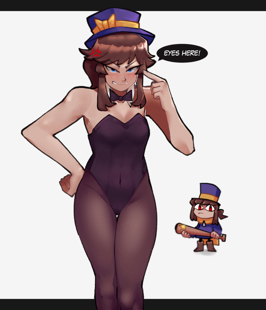 2girls, a_hat_in_time, aged_up, anger_vein, black_bow, black_leotard, blue_eyes, bow, breasts, brown_hair, collarbone, english_text, hand_on_own_hip, hannesfkr, hat, hat_bow, hat_kid, hat_ribbon, highres, leotard, looking_at_viewer, multiple_girls, necktie, pantyhose, pointing, pointing_at_self, ponytail, purple_headwear, ribbon, short_hair, short_ponytail, sidelocks, small_breasts, speech_bubble, swept_bangs, white_background, yellow_bow, yellow_ribbon