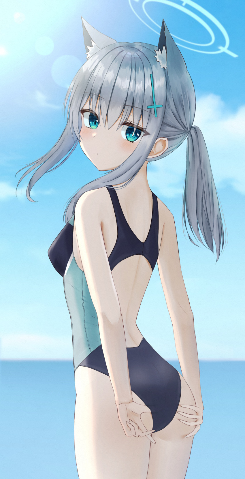 1girl, absurdres, animal_ears, blue_archive, blue_eyes, blue_one-piece_swimsuit, blue_sky, cat_ears, clothes_pull, competition_swimsuit, cross_hair_ornament, extra_ears, hair_ornament, hairclip, halo, highleg, highleg_one-piece_swimsuit, highres, iris37337, mismatched_pupils, one-piece_swimsuit, one-piece_swimsuit_pull, ponytail, school_swimsuit, shiroko_(blue_archive), shiroko_(swimsuit)_(blue_archive), short_hair, sky, solo, standing, swimsuit, wedgie, white_hair