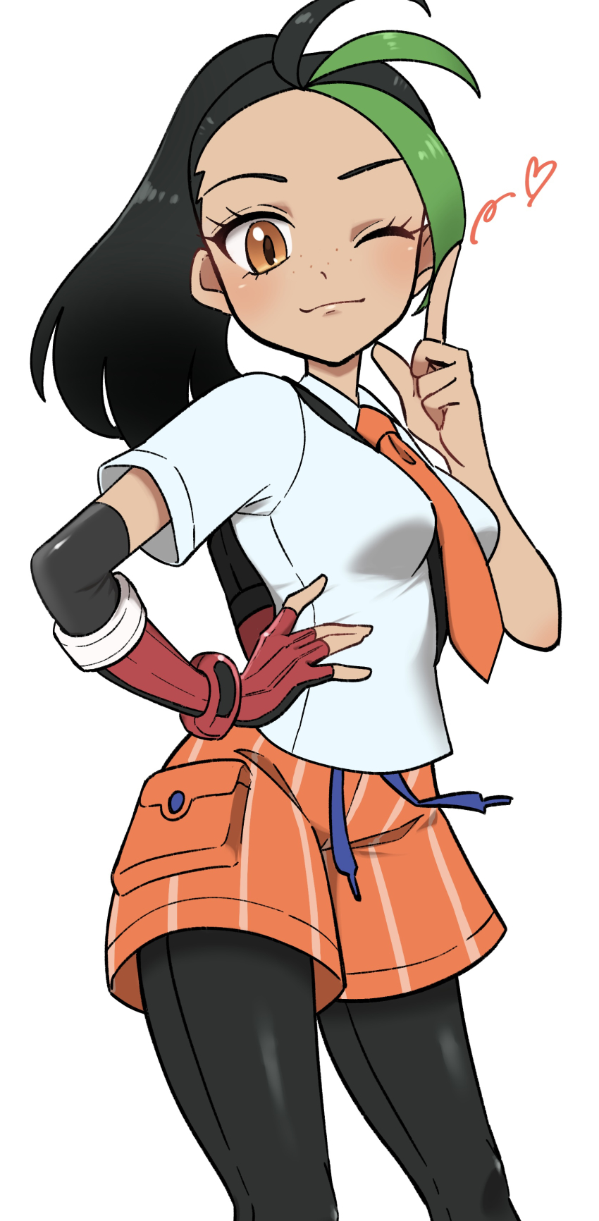 1girl, absurdres, ayakadegozans, black_hair, black_pantyhose, blush, brown_eyes, closed_mouth, commentary_request, dark-skinned_female, dark_skin, eyelashes, fingerless_gloves, gloves, green_hair, hand_on_own_hip, hand_up, heart, highres, index_finger_raised, looking_at_viewer, multicolored_hair, necktie, nemona_(pokemon), nintendo, one_eye_closed, orange_necktie, orange_shorts, pantyhose, pokemon, pokemon_scarlet_and_violet, ponytail, red_gloves, shirt, short_sleeves, shorts, single_glove, smile, solo, streaked_hair, white_background