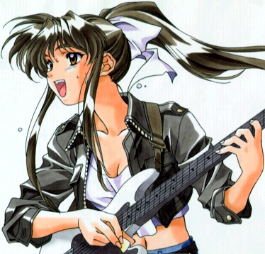 1990s_(style), 1girl, brown_eyes, brown_hair, electric_guitar, female_focus, guitar, instrument