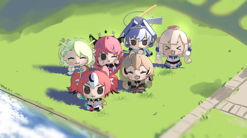 >_<, 6+girls, absurdres, ahoge, animal_ears, ankle_boots, antlers, bare_shoulders