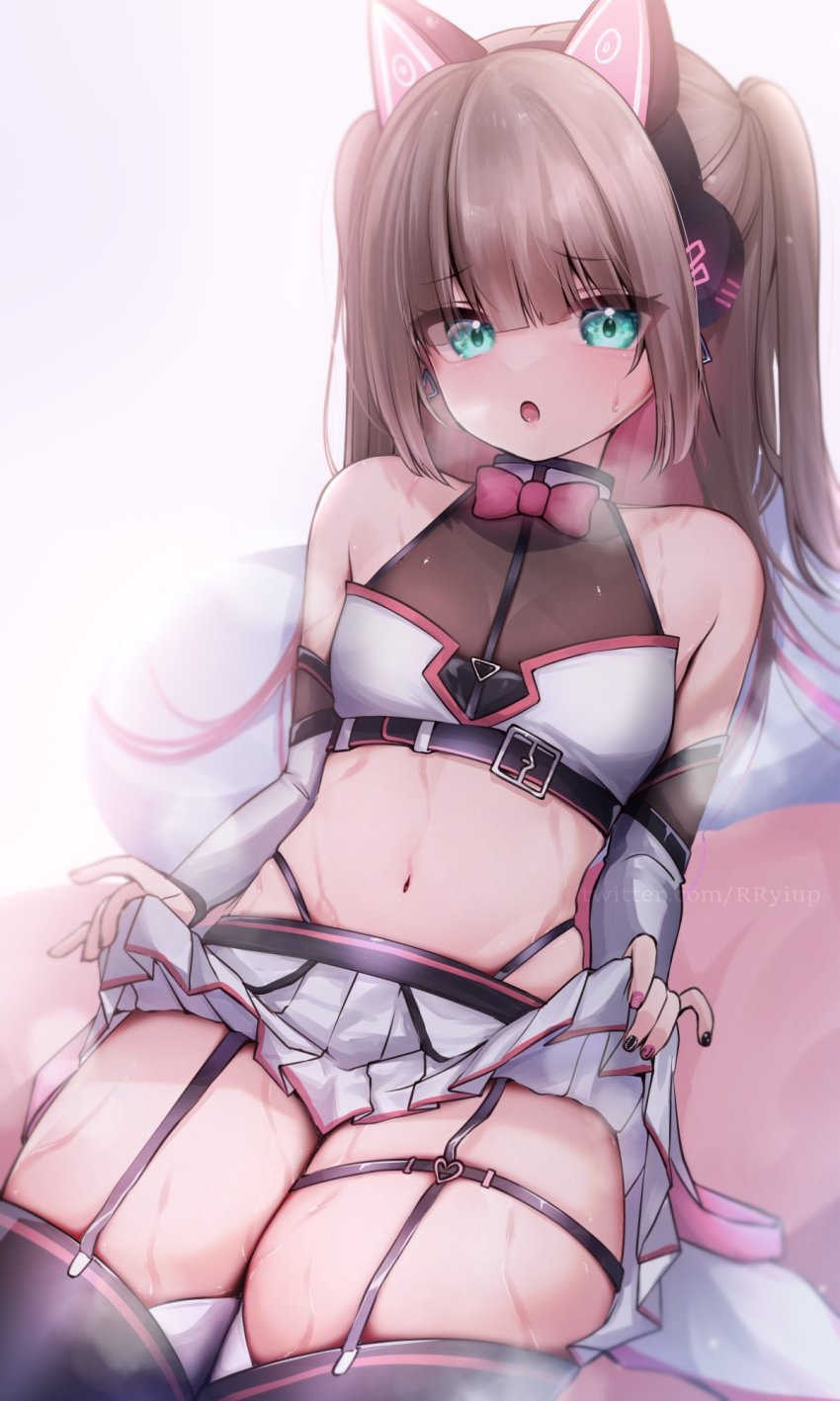 1girl, animal_ear_headphones, animal_ears, bare_shoulders, belt, black_belt, black_boots, black_nails