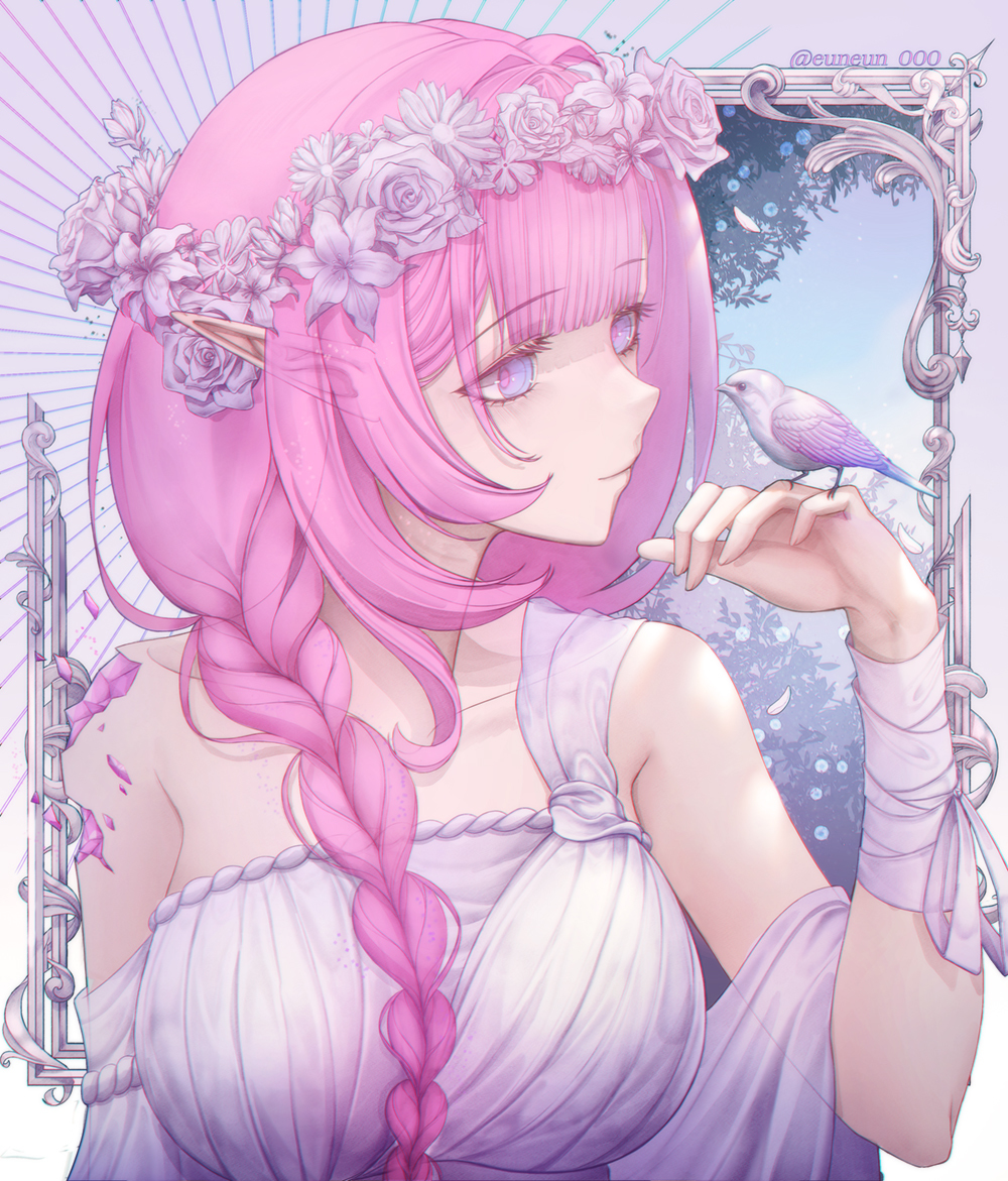 1girl, artist_name, bandages, bird, bird_on_hand, braid, cracked_skin, dress