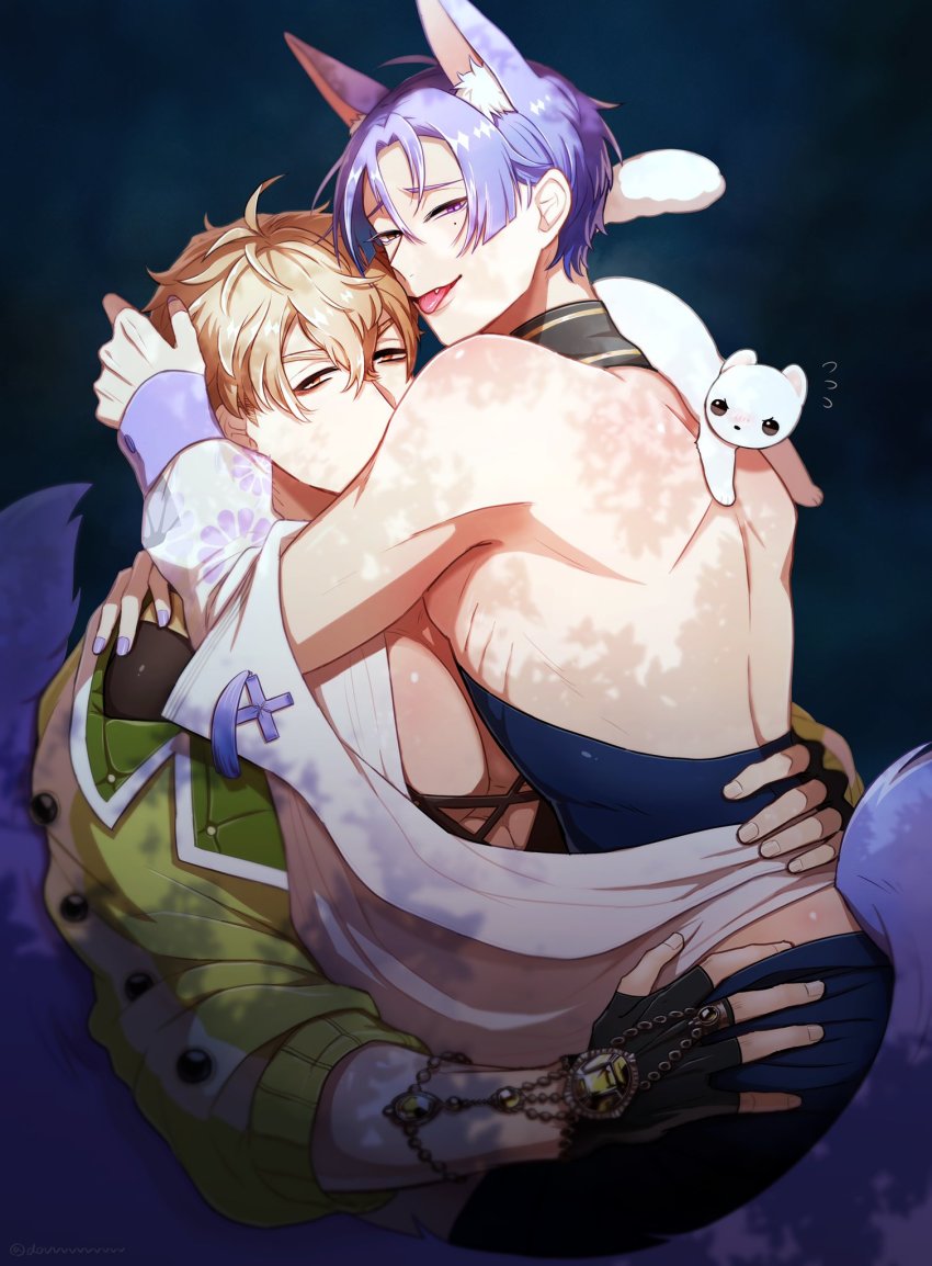 2boys, :p, animal_ears, bags_under_eyes, black_gloves, blonde_hair, dovvvvvvvvvv, fang