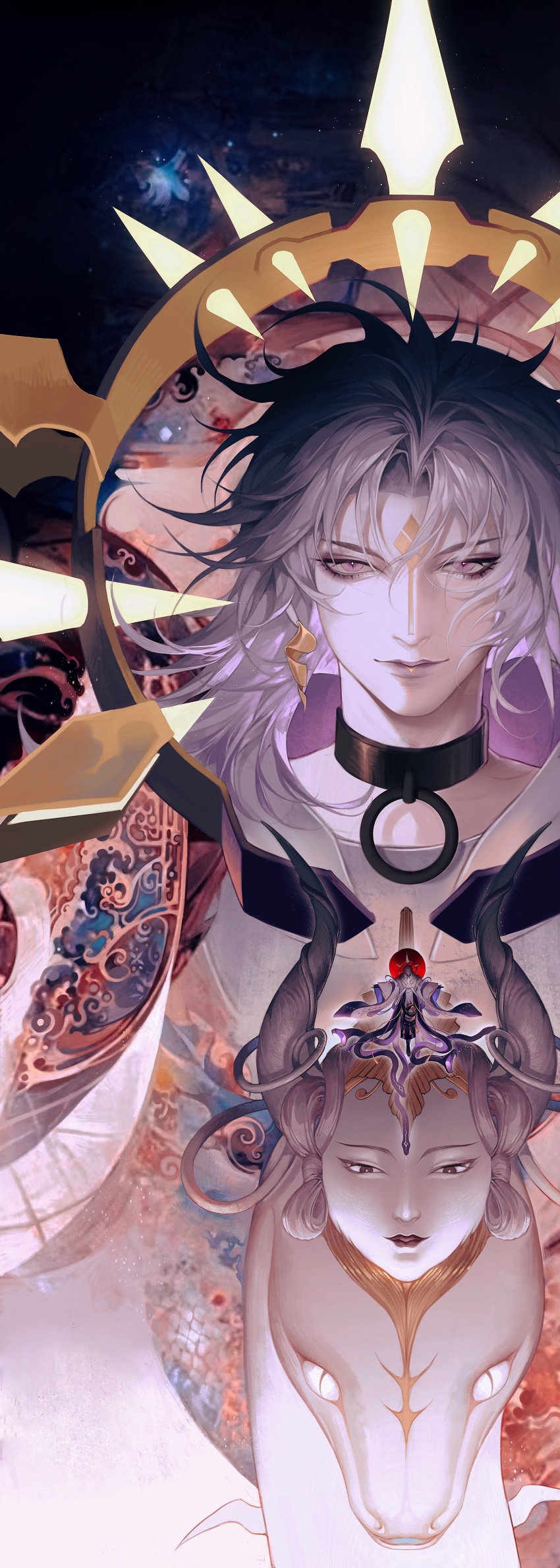 1boy, absurdres, bishounen, choker, earrings, facial_mark, forehead_mark, grey_hair