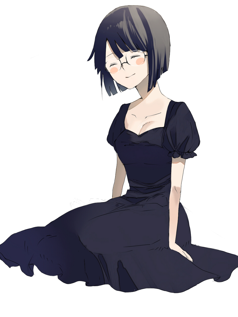 1girl, black_dress, black_hair, blush_stickers, bob_cut, breasts, cleavage, closed_eyes