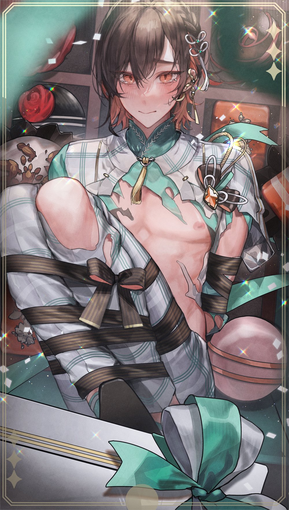 1boy, arms_behind_back, blush, bound, bound_arms, bound_legs, box, box_of_chocolates, braid, brown_hair, candy, colored_inner_hair, ear_piercing, food, gift, gift_box, grey_pants, highres, ihatedraw, looking_at_viewer, male_focus, medium_hair, multicolored_hair, nipples, nu_carnival, orange_eyes, orange_hair, pants, piercing, plaid_clothes, plaid_pants, restrained, shirt, tassel, tears, torn_clothes, torn_shirt, torn_sleeves, yakumo_(cocoa_liqueur)_(nu_carnival), yakumo_(nu_carnival)