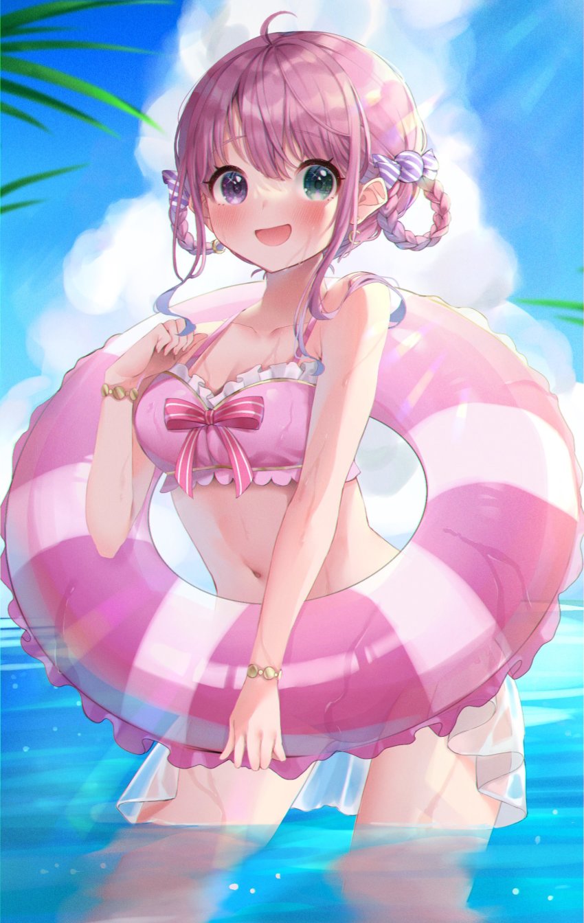 1girl, :d, ahoge, bikini, blush, bow, bracelet, braid