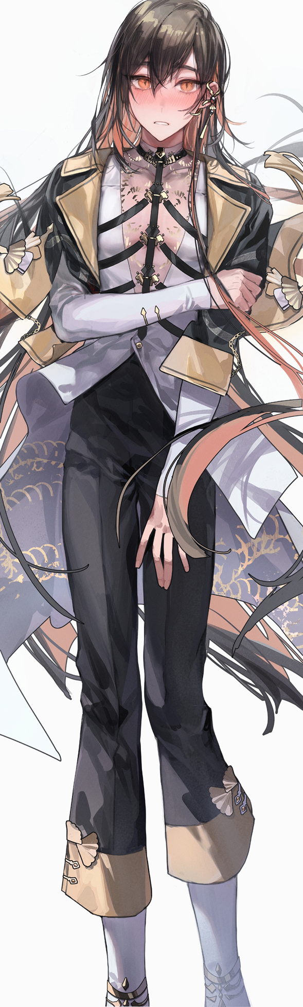 alternate_hair_length, alternate_hairstyle, bishounen, blush, bone_print, brown_hair, chinese_clothes, colored_inner_hair