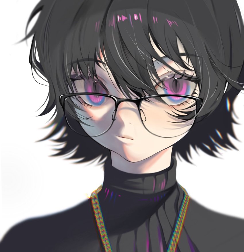 1girl, black-framed_eyewear, black_hair, black_sweater, blue_eyes, chain, closed_mouth, eyelashes, feitian5575, frown, glasses, hair_between_eyes, highres, hunter_x_hunter, jewelry, looking_at_viewer, multicolored_eyes, necklace, portrait, purple_eyes, shizuku_murasaki, short_hair, simple_background, solo, sweater, turtleneck, turtleneck_sweater, white_background
