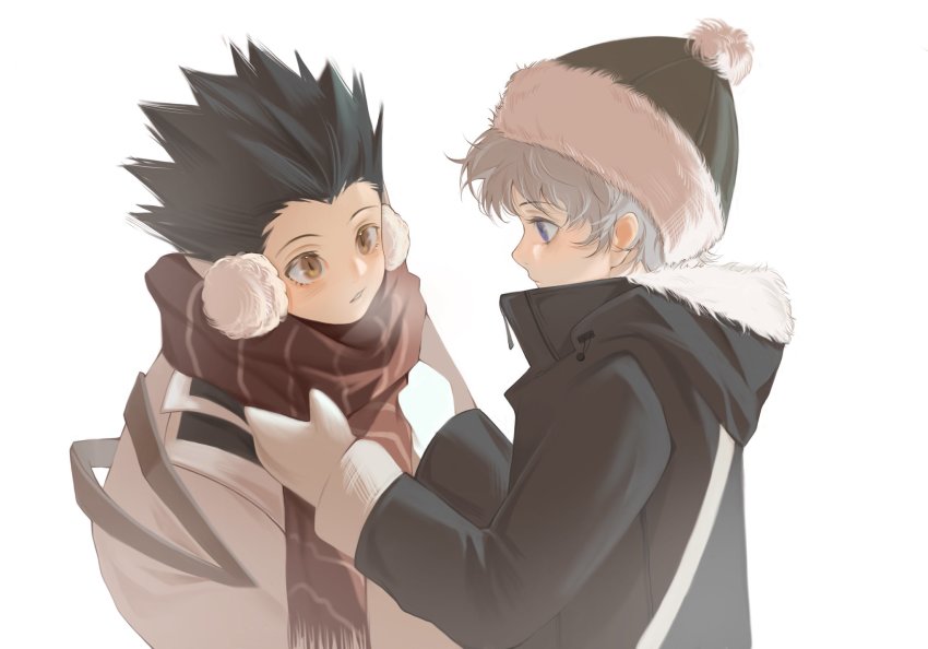 2boys, adjusting_scarf, beanie, black_coat, black_hair, black_headwear, blue_eyes, blush