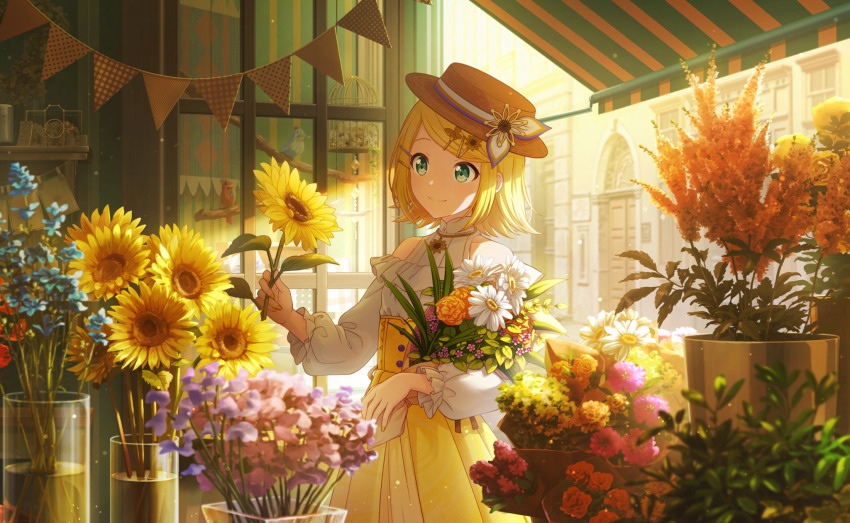 1girl, awning, backlighting, bare_shoulders, beads, blonde_hair, blue_flower, blurry
