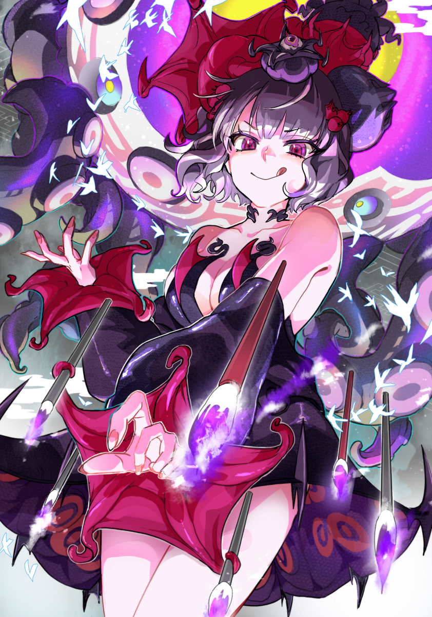 1girl, bare_shoulders, black_dress, blush, breasts, calligraphy_brush, cleavage, collarbone