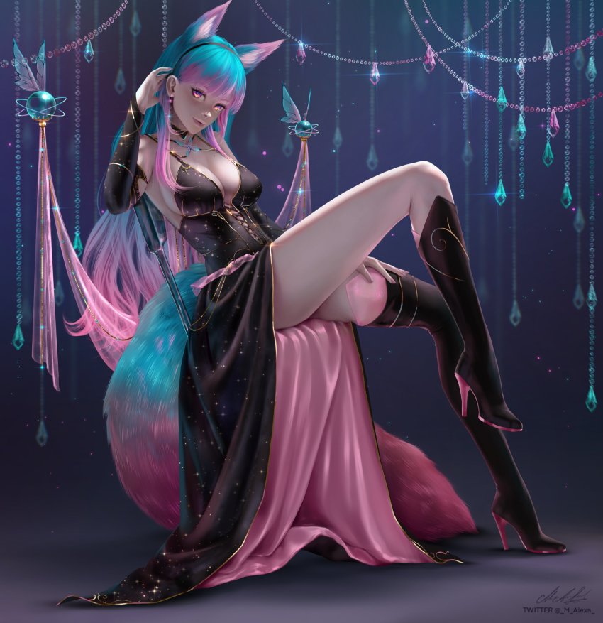 1girl, animal_ear_fluff, animal_ears, aqua_gem, bare_shoulders, bead_curtain, beads, black_boots, black_dress, blue_background, blue_gem, blue_hair, blunt_bangs, boots, breasts, brooch, butterfly_brooch, butterfly_ornament, butterfly_wings, choker, cleavage, commission, cross-laced_clothes, detached_sleeves, dress, earrings, extra_ears, formal_clothes, from_side, full_body, gem, glint, glowing, glowing_eyes, gold_trim, gradient_background, hair_behind_ear, hairband, hand_on_own_thigh, hand_up, high_heel_boots, high_heels, highres, indie_virtual_youtuber, insect_wings, jewelry, knee_boots, knee_up, leg_up, looking_to_the_side, m_alexa, melibellule_(vtuber), mole, mole_under_eye, multicolored_hair, nail_polish, orb, pink_eyes, pink_gem, pink_hair, purple_gem, red_eyes, shawl, sideboob, signature, sitting, smile, smirk, solo, sparkle, starry_sky_print, straight_hair, tail, tail_stand, tucking_hair, twitter_username, two-sided_fabric, two-sided_skirt, two-tone_hair, virtual_youtuber, wings, wolf_ears, wolf_girl, wolf_tail