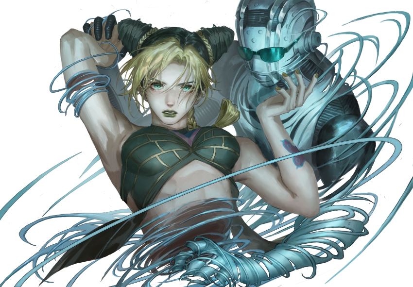 1girl, 1other, absurdres, arm_tattoo, arm_up, armpits, bare_shoulders, blonde_hair, blue-tinted_eyewear, braid, braided_ponytail, commentary, cone_hair_bun, cropped_shirt, cropped_torso, dissolving, double_bun, english_commentary, green_eyes, green_hair, green_lips, green_shirt, hair_bun, halterneck, highres, holding_hands, interlocked_fingers, jojo_no_kimyou_na_bouken, kuujou_jolyne, looking_at_viewer, medium_hair, midriff, multicolored_hair, nail_polish, parted_bangs, parted_lips, realistic, robot, serious, shirt, simple_background, single_braid, sleeveless, sleeveless_shirt, stand_(jojo), stone_free, stone_ocean, sunglasses, tattoo, tinted_eyewear, two-tone_hair, upper_body, v-shaped_eyebrows, white_background, yangshu893, yellow_nails