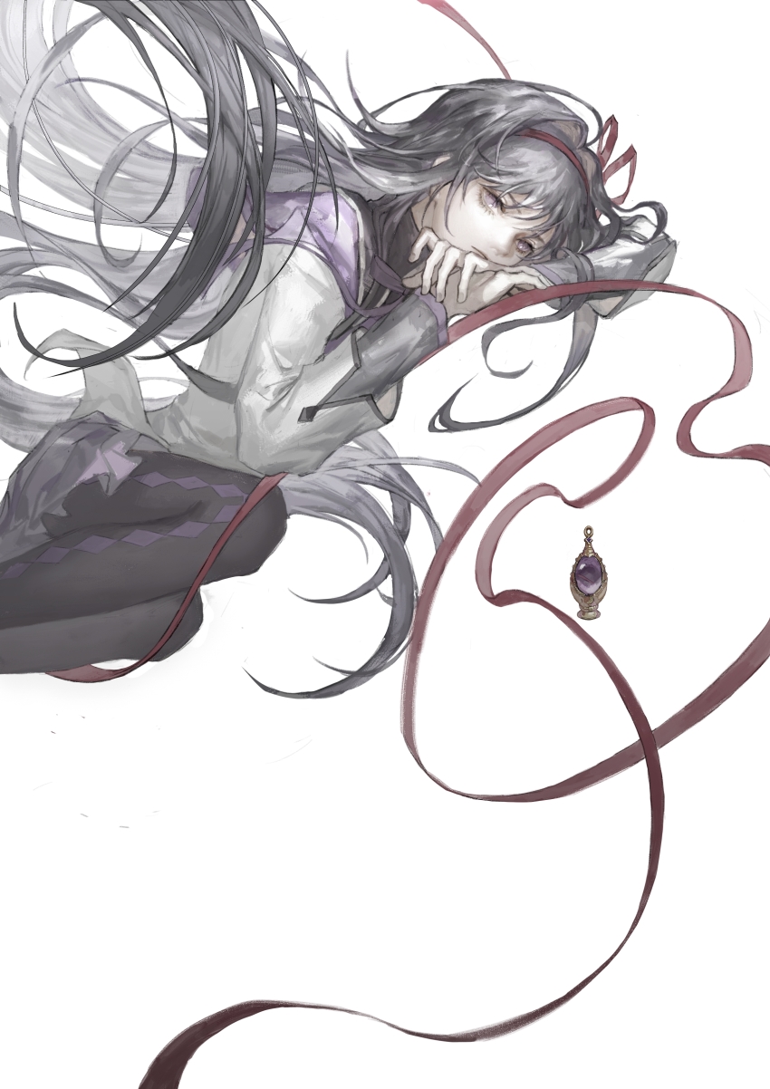 1girl, absurdres, akemi_homura, akemi_homura_(magical_girl), argyle_clothes, argyle_pantyhose, black_hair, black_pantyhose