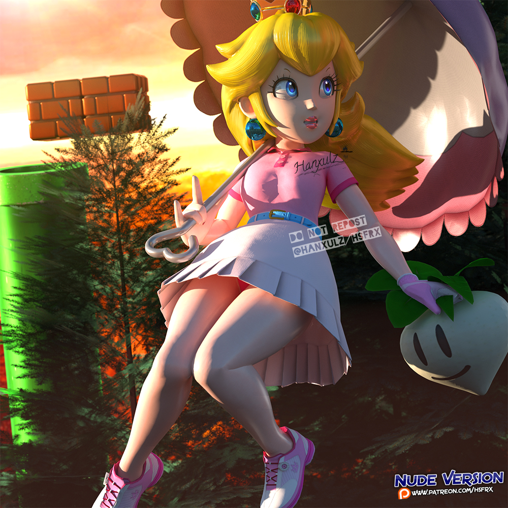 3d, blonde_hair, blue_eyes, crown, english_text, gloves, hanxulz, lip_gloss, long_hair, mario_(series), mario_golf, mario_golf:_super_rush, nintendo, parasol, pink_lips, princess_peach, shoes, skirt, sneakers, umbrella