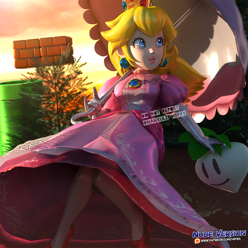3d, blonde_hair, blue_eyes, crown, english_text, gloves, hanxulz, lip_gloss, lipgloss, long_hair, mario_(series), nintendo, parasol, pink_lips, princess_peach, red_footwear, super_mario_bros._1, super_smash_bros., umbrella