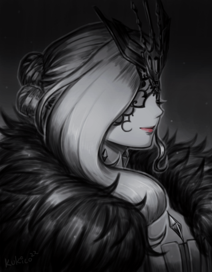 1girl, artist_name, closed_eyes, closed_mouth, coat, fatui_coat, fur-trimmed_coat, fur_trim