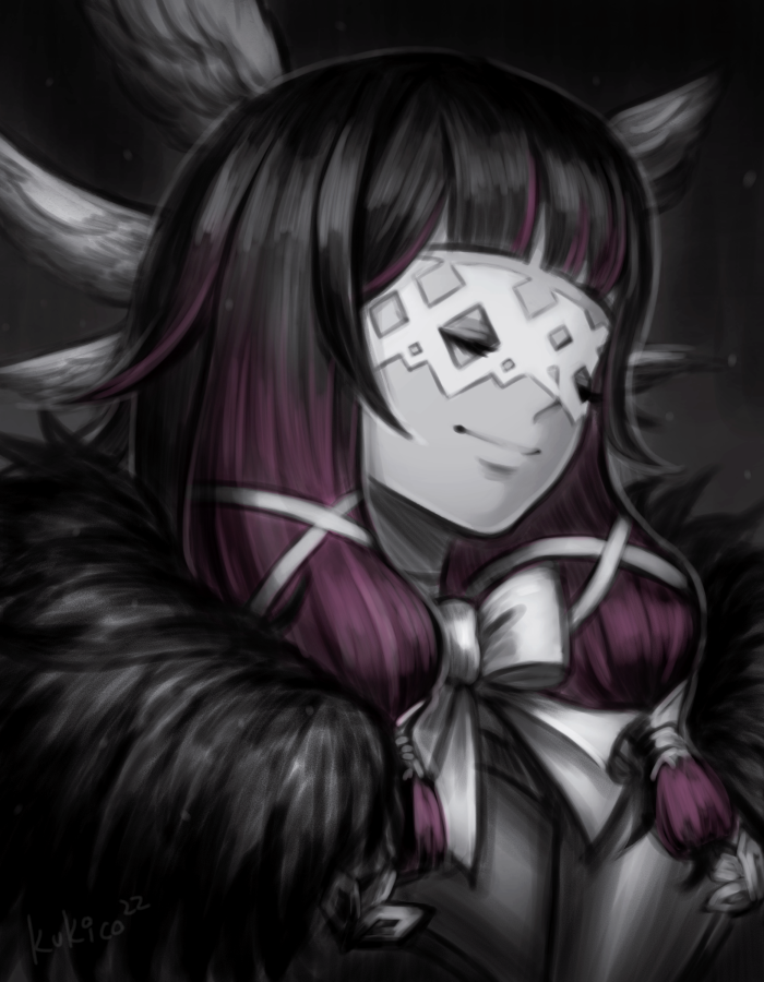 1girl, artist_name, black_hair, closed_mouth, coat, columbina_(genshin_impact), eye_mask, fatui_coat, fur-trimmed_coat, fur_trim, genshin_impact, hair_ornament, head_wings, kukimoki, light_smile, long_hair, mask, monochrome, multicolored_hair, pink_hair, portrait, simple_background, solo, spot_color, streaked_hair, two-tone_hair, white_mask, wings, x_hair_ornament