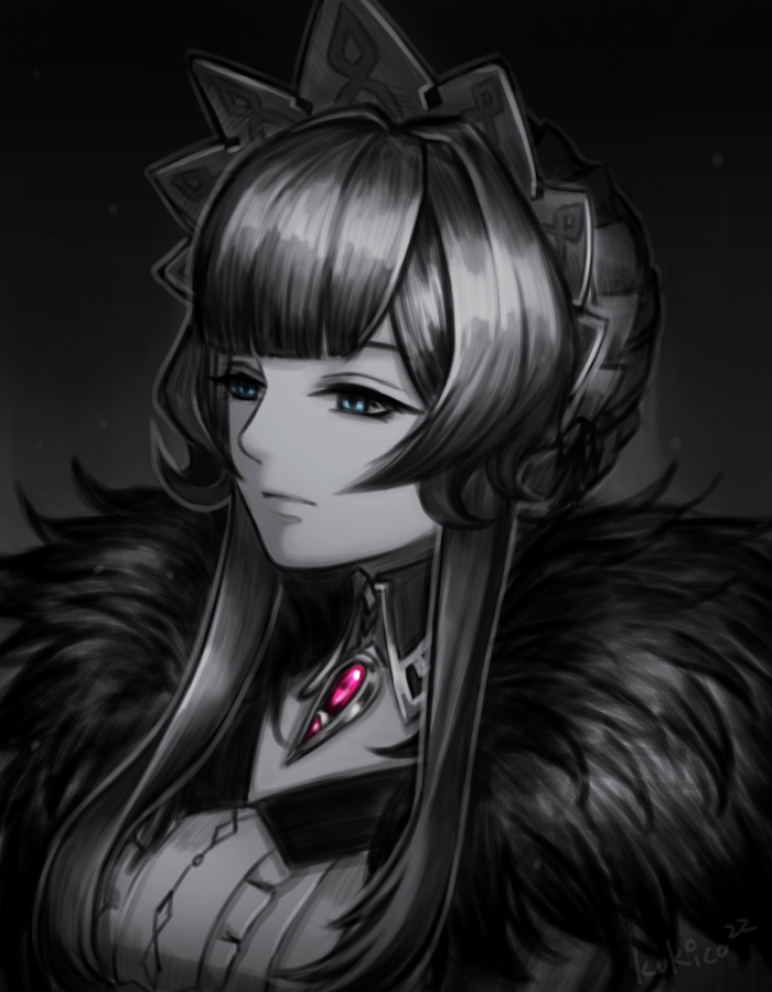 1girl, artist_name, blue_eyes, closed_mouth, coat, fatui_coat, fur-trimmed_coat, fur_trim