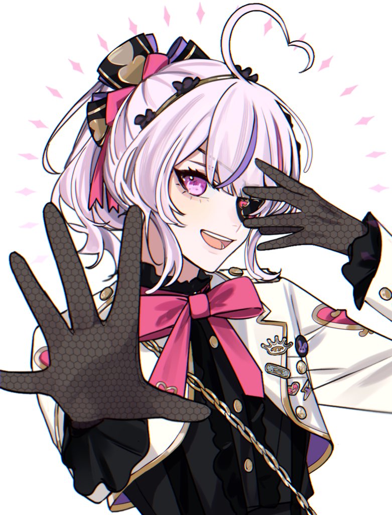 1girl, :d, ahoge, black_gloves, bow, chain, chuunibyou, cropped_jacket