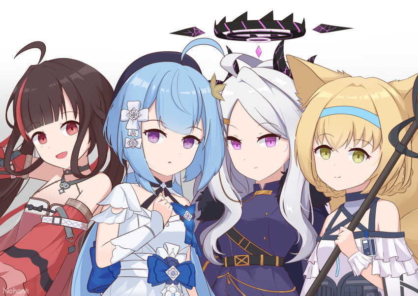 4girls, :d, absurdres, ahoge, animal_ears, aqua_hair, arknights, belt, black_hair, blonde_hair, blue_archive, blunt_bangs, bow, braid, coat, coat_on_shoulders, commentary_request, crossover, demon_girl, demon_horns, detached_sleeves, fox_ears, fox_girl, fox_tail, fur-trimmed_coat, fur_trim, green_eyes, griseo, griseo_(starry_impression), hair_between_eyes, hair_bow, hair_ornament, halo, highres, hina_(blue_archive), holding, holding_staff, honkai_(series), honkai_impact_3rd, horns, id_card, kitsune, kyuubi, long_hair, long_sleeves, looking_at_viewer, military, military_uniform, multicolored_hair, multiple_crossover, multiple_girls, multiple_tails, nohanohaneid, open_mouth, parted_bangs, parted_lips, pulao:_dragontoll_(dreamweaver)_(pgr), pulao:_dragontoll_(pgr), pulao_(pgr), punishing:_gray_raven, purple_eyes, red_eyes, scrunchie, short_sleeves, sidelocks, simple_background, smile, staff, streaked_hair, suzuran_(arknights), tail, twin_braids, twintails, two-tone_hair, white_background, white_hair, wide_sleeves, wrist_scrunchie